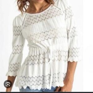 FREE PEOPLE Womens White Lace Knit 3/4 Sleeve Tie Waist Keyhole Back Blouse